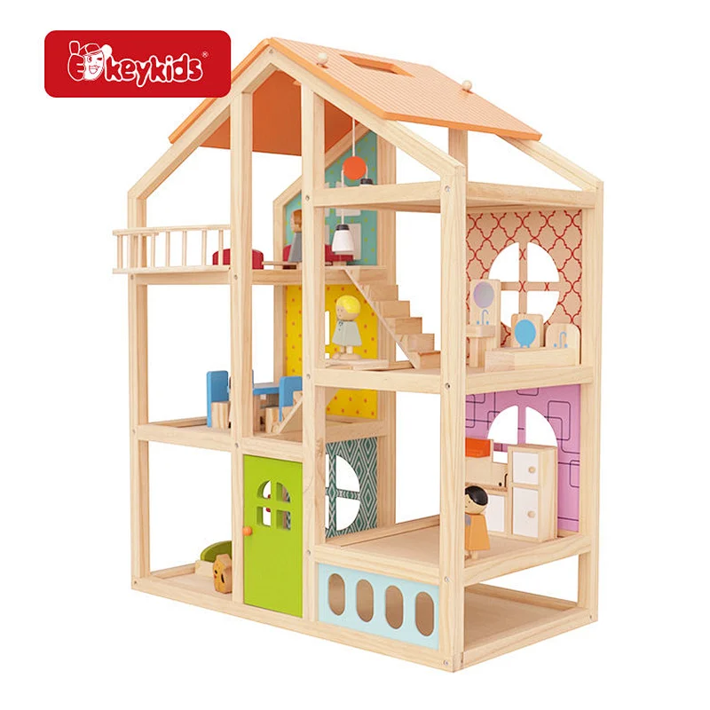 OEM fashion kids play wooden dolls house toy with furniture accessories W06A573